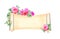 Retro banner with branch of Climbing rose and medieval scroll