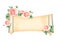 Retro banner with branch of Climbing rose and medieval scroll