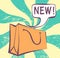 Retro banner on colorful rays background with paper shopping bag, speech bubble and new inscription