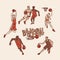 Retro basketball players in sports uniform. Vintage sportsmans motion with ball in different poses and race. Vector