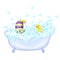 Retro Bathroom interior. soap bubbles. Bathtub with foam bubbles inside and bath yellow rubber duck and boat ion wall