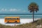Retro Beach Escape: Yellow Vintage Bus on Tropical Shoreline. Generative ai