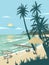 Retro beach lanscape with sun and palms, sunny vector background with beach and sea