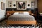 retro bedroom with chevron bedding, wooden nightstands, and graphic art