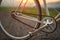 Retro bicycle on the road in sunset, detail photography of bike components