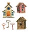 Retro birdhouses and keys. Three cute rustic birdhouses