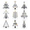 Retro black, gray and golden trendy isolated pop art Christmas trees icons set