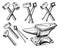 Retro blacksmith pliers, hammer, anvil sketch. Ironwork, set of tools concept. Blacksmithing vintage vector illustration