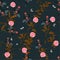 Retro blooming pink flowers with bees on the dark grren striped