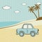 Retro blue car standing on the sand near the sea and palm trees