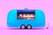 Retro Blue Food Truck With Detailed Interior Isolated on Pastel Pink Background. Takeaway Food and Drinks. 3d rendering