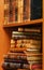 Retro books on wooden shelf