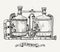 Retro brewery engraving. Copper tanks and barrels in brewery beer. Local brewery. Vintage vector engraving illustration