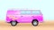 Retro bus with surfboard. Pink beach van with sticker the endless summer on blurred summer background. Volumetric icon