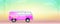 Retro bus with surfboard. Pink beach van with sticker the endless summer. Blurred tropical background. Summer sunset and