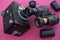 Retro camera and binoculars and photographic films