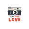 Retro Camera T-Shirt. Vintage hand drawn photography tee with Click with Love words. Distressed silhouette photographer