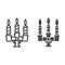 Retro candleholder line and solid icon. Candlestick with three lighted candles outline style pictogram on white