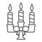 Retro candleholder line and solid icon. Candlestick with three lighted candles outline style pictogram on white