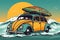 retro car, a Beetle car with a surf on the trunk, on the beach. Car travel concept, banner