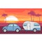 Retro car with camper trailer - summer vacation journey