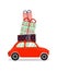 Retro car carrying pile of Christmas presents.