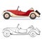 Retro car in cartoon style. Color and black line retro auto. Classic car cartoon set.