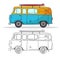 Retro car in cartoon style. Color and black outline retro auto. Classic car hand drawn set. Surf mobile in yellow and