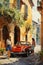 Retro car and couple on an ancient street in a Mediterranean city. Art painting watercolor painting