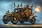 Retro car fantastic design in steampunk style with gold mechanical parts details. Generative Ai