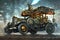 Retro car fantastic design in steampunk style with gold mechanical parts details. Generative Ai