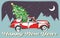 Retro Car Loaded With Christmas Tree. Happy New Year Card. Vector EPS 10 Background