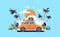 Retro car with luggage on roof tropical sunset beach surfing vintage greeting card template poster flat