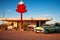 Retro car parked road local market over rural scene. Generative AI