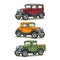 Retro car sedan, coupe and pickup truck. Vintage color engraving