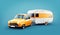 Retro car with white trailer. Unusual 3d illustration of a classic caravan. Camping and traveling concept