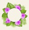 Retro Card with Purple Hibiscus Flowers and Green Tropical Leaves