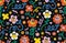 Retro cartoon flower character seamless pattern. Groovy daisy with eyes and abstract cloud shapes.