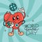 retro cartoon heart character holding Globe and stethoscope .World Health Day greeting card. World Health Day idea