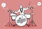 Retro cartoon music. Drummer player playing a song. Musical note