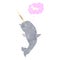 retro cartoon narwhal dreaming of being a unicorn