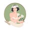 Retro cartoon style PinUp girl wearing flowery bridal headdress and two lilies. April and May. French Republican Calendar.