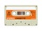 Retro cassette. Audio equipment for analog music records. Blank stereo tape. Plastic musical device. Old-fashioned