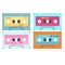 Retro cassette stickers in cartoon flat style. Vector illustration of audio mixtape, recorded songs in 1990s style