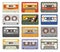 Retro cassettes. Colorful plastic audio cassette vintage media device music technology tapes stereo record images