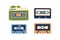 Retro cassettes set. Tape records of 80s and 90s. Old audio music casettes of eighties and nineties. Compact