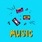 Retro cassettes and videotape surrounded by notes vector illustration in doodle style