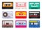 Retro cassettes. Vintage 1980s music tape, dj rave party mix, realistic stereo record set. Vector old school music