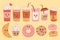 Retro characters sweets and coffe. Cute cartoon coffee in takeaway cup, croissant, cupcake, donut, chocolate chip