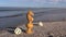 Retro chess pieces and two game dice on sea beach sand